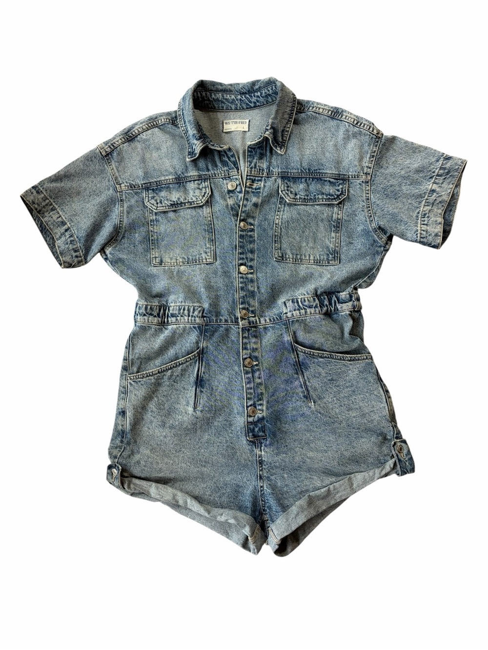 Free People Marci Acid Wash Blue Denim Utility Shortall Romper Large LG EUC